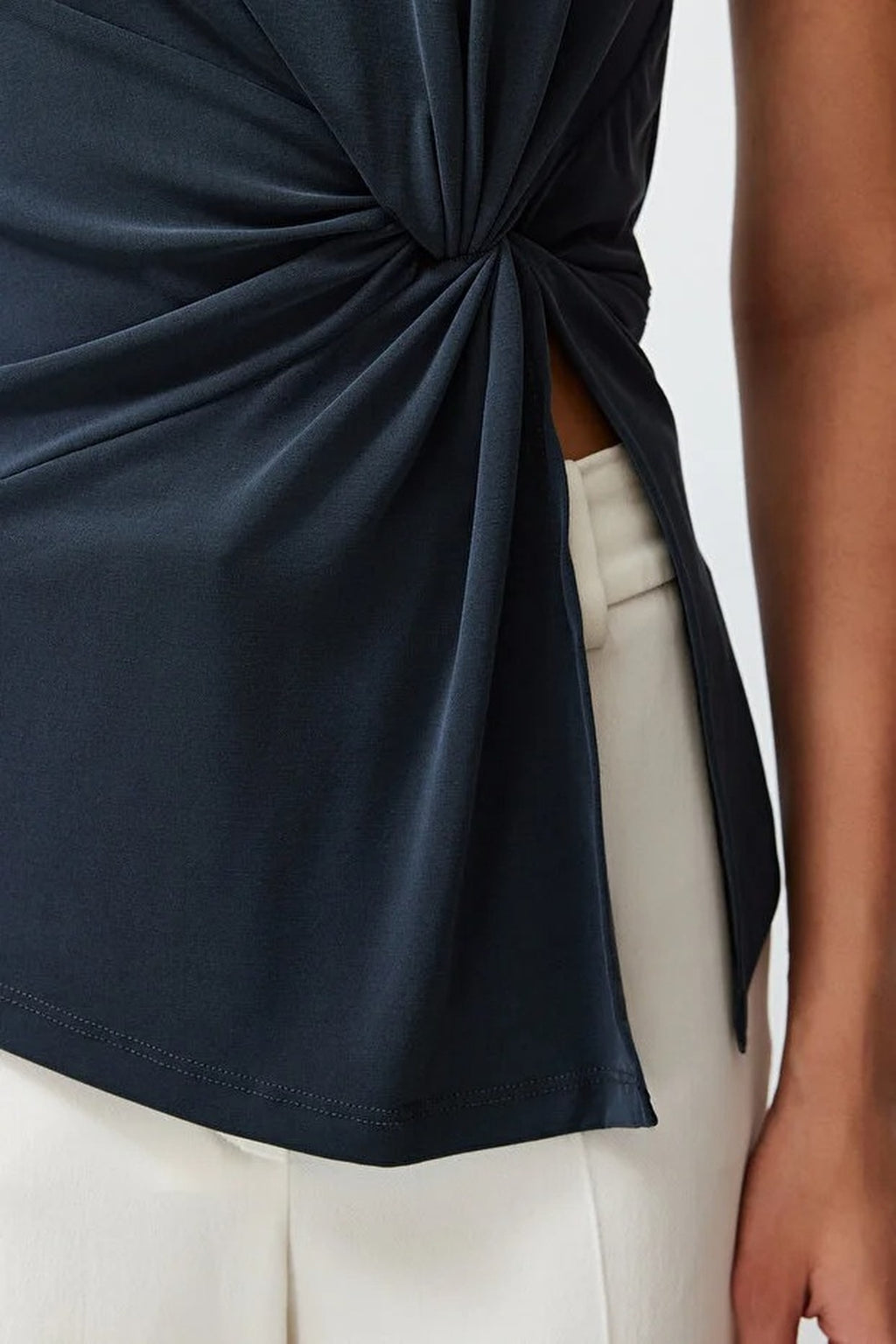 More Sustainable High Neck Ruched Detail Long Sleeve Modal Knit Blouse