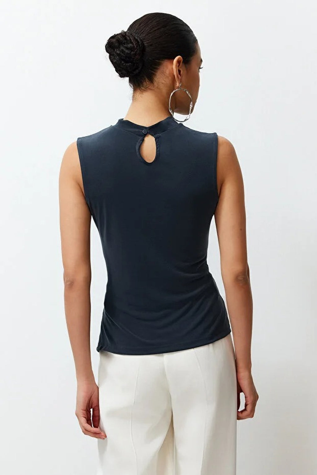 More Sustainable High Neck Ruched Detail Long Sleeve Modal Knit Blouse