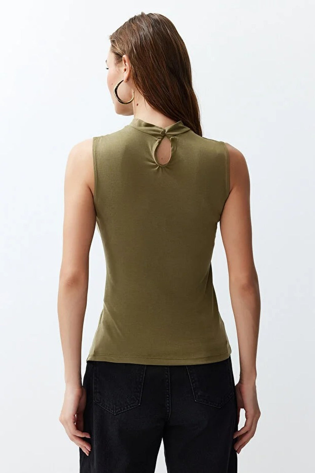 More Sustainable High Neck Ruched Detail Long Sleeve Modal Knit Blouse