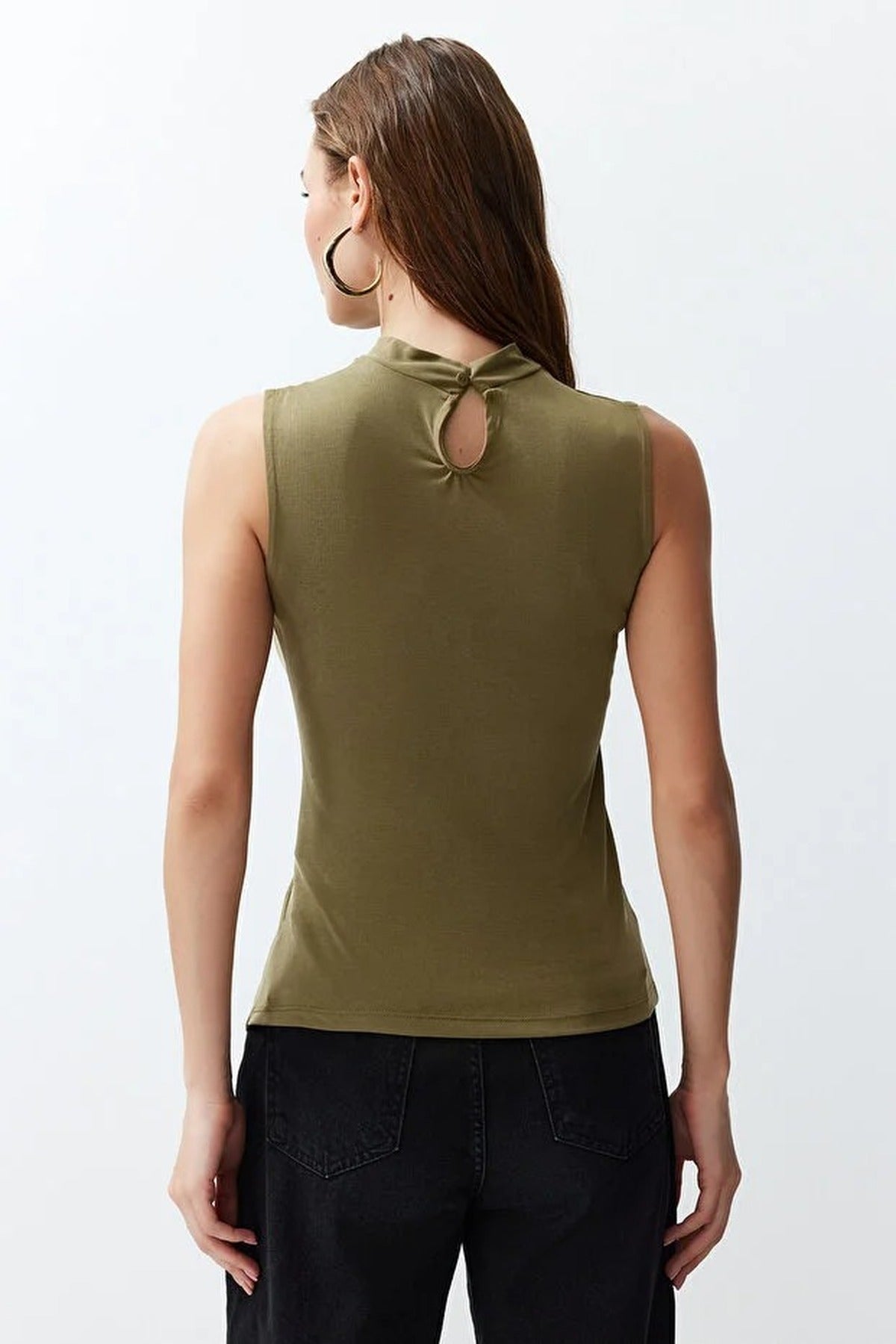 More Sustainable High Neck Ruched Detail Long Sleeve Modal Knit Blouse