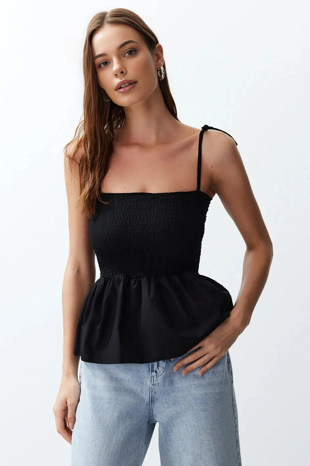 Cotton Fitted Stretch Knit Blouse with Poplin Details