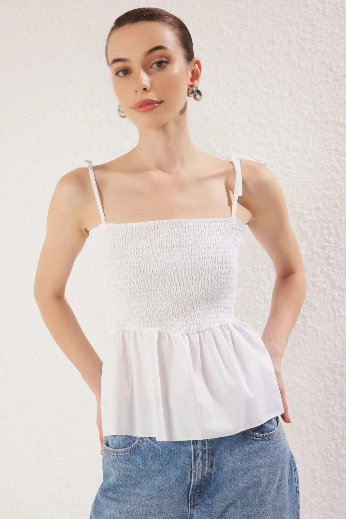 Cotton Fitted Stretch Knit Blouse with Poplin Details