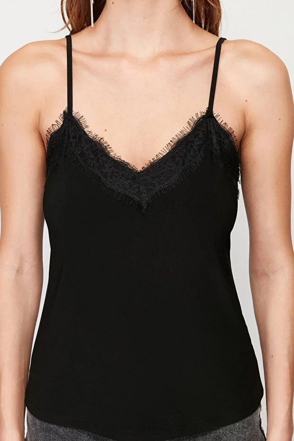 Lace Detail V-Neck Strappy Stretch Knit Blouse
