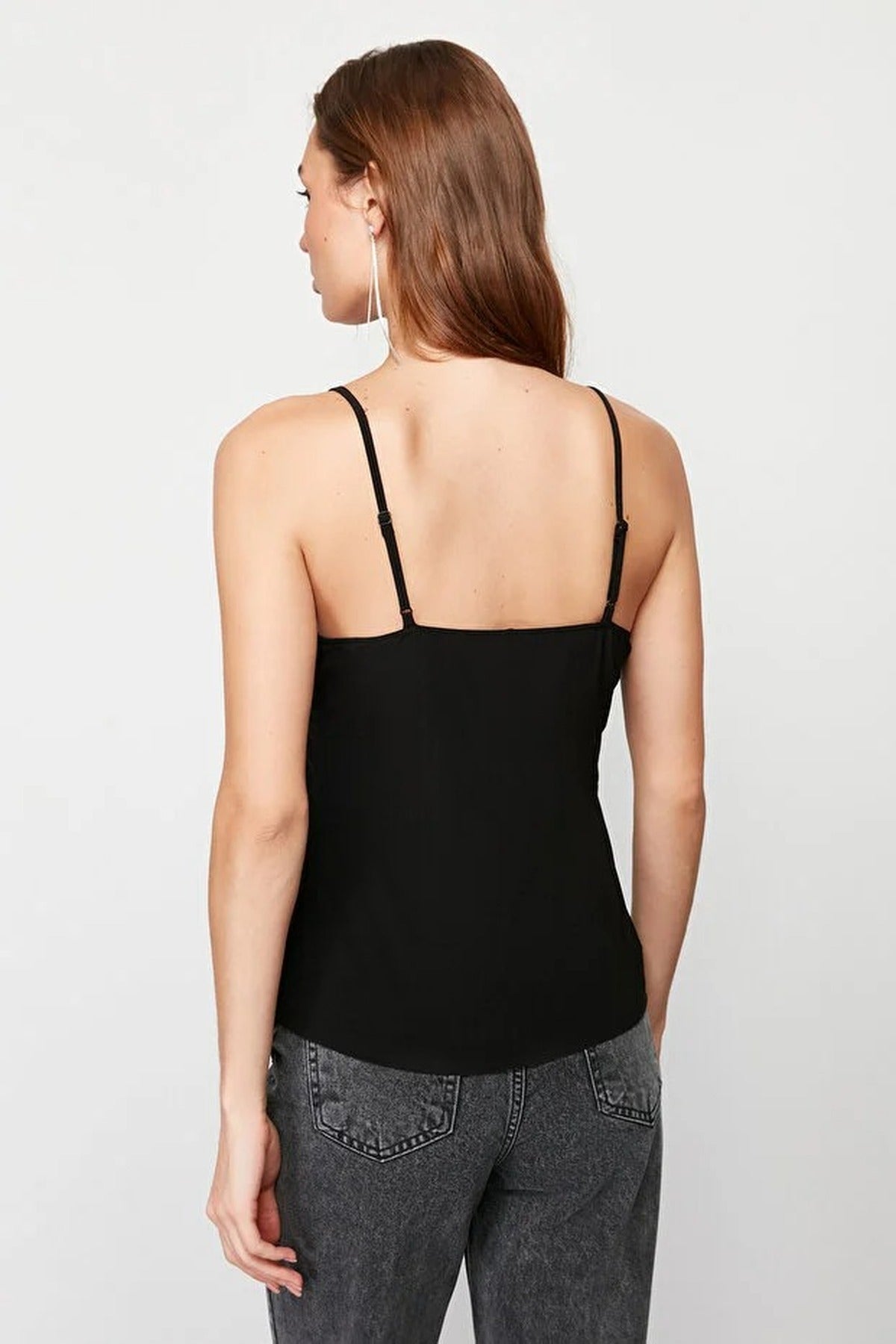 Lace Detail V-Neck Strappy Stretch Knit Blouse