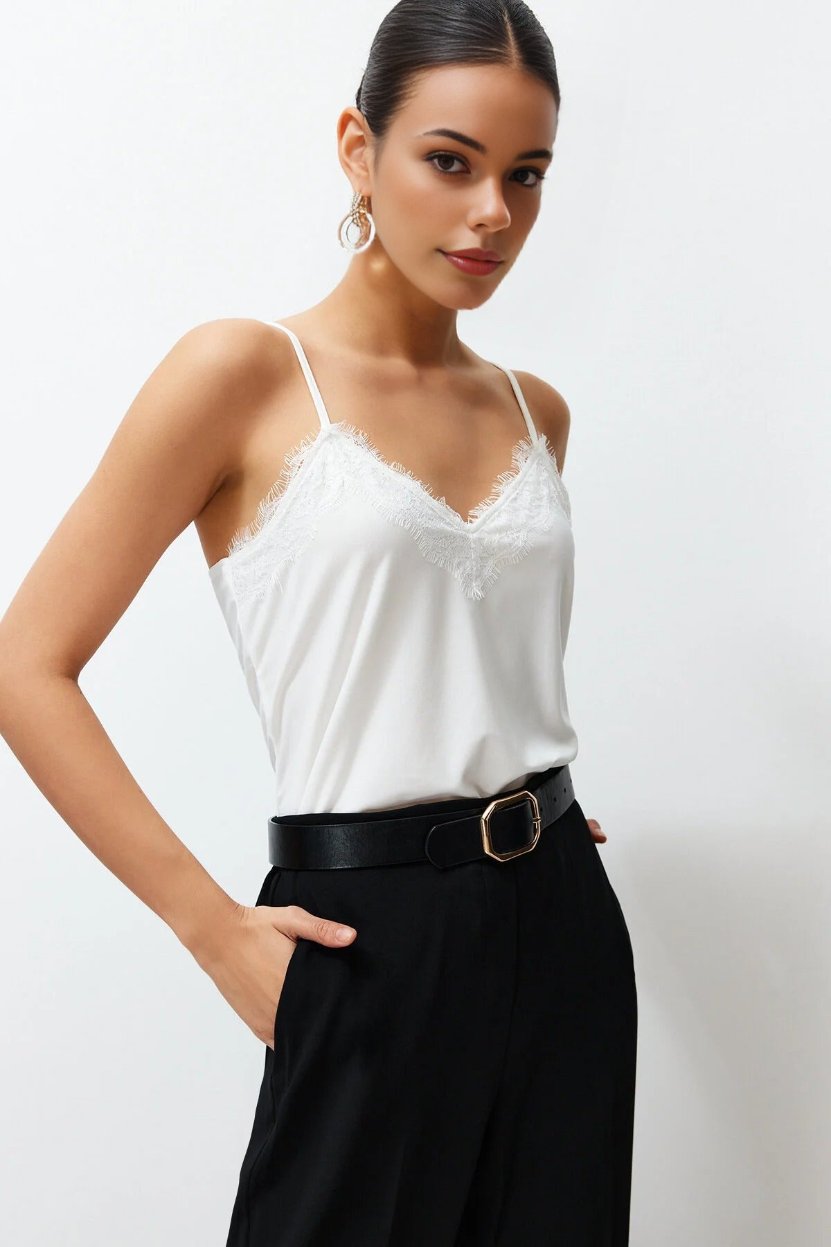Lace Detail V-Neck Strappy Stretch Knit Blouse