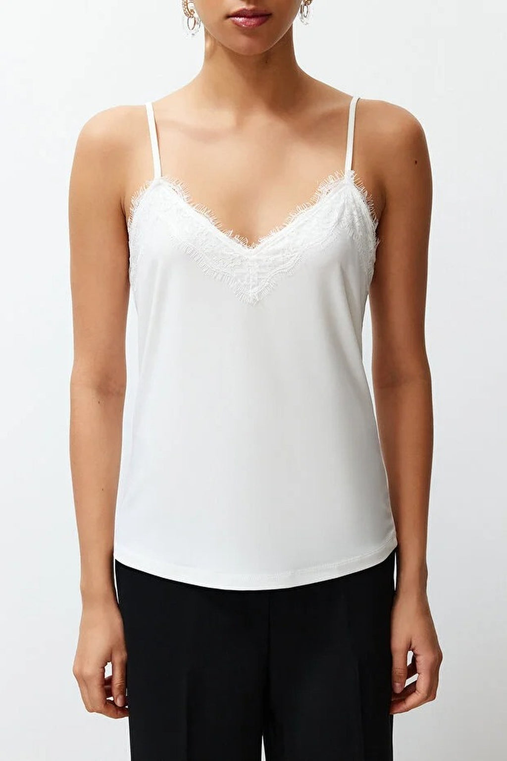 Lace Detail V-Neck Strappy Stretch Knit Blouse