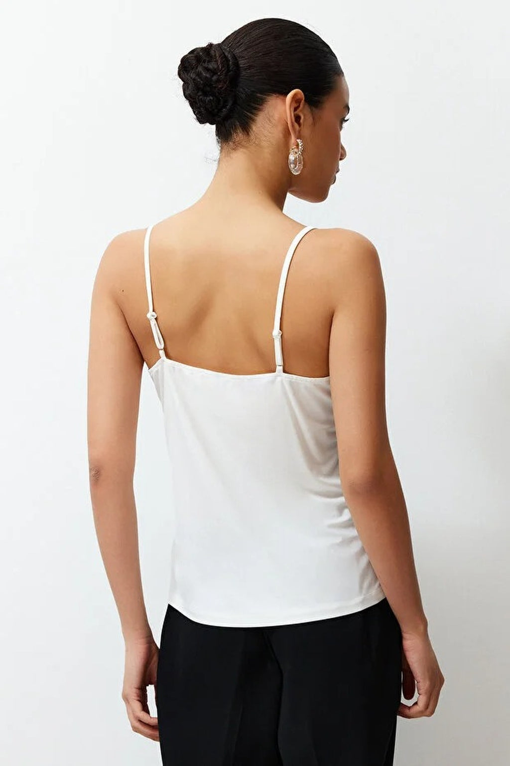 Lace Detail V-Neck Strappy Stretch Knit Blouse
