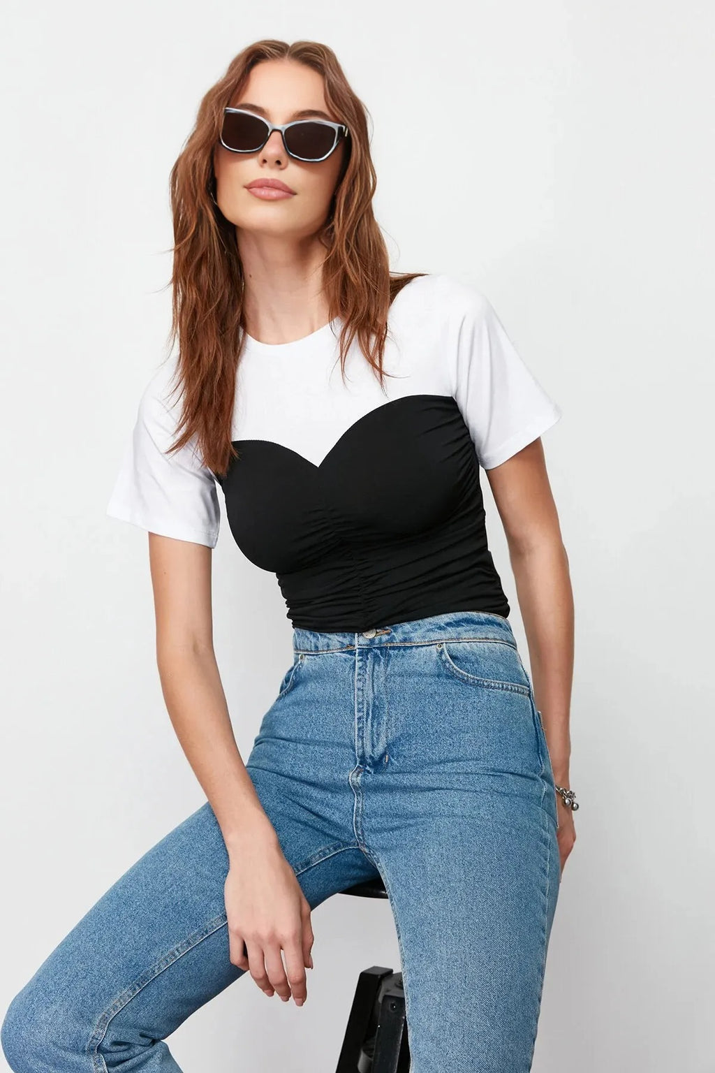 Fitted Gathered Detail Stretch Knit Blouse