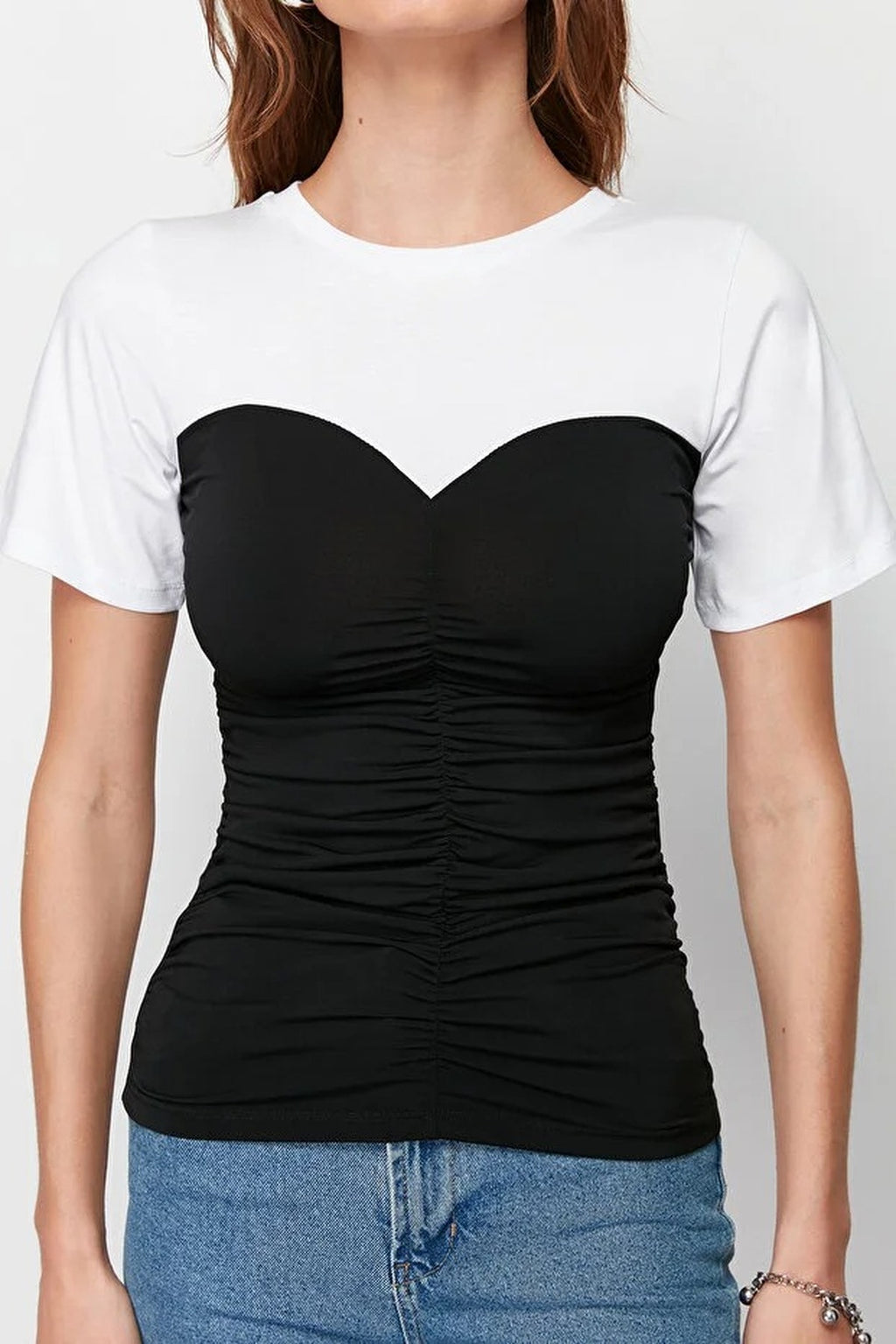Fitted Gathered Detail Stretch Knit Blouse