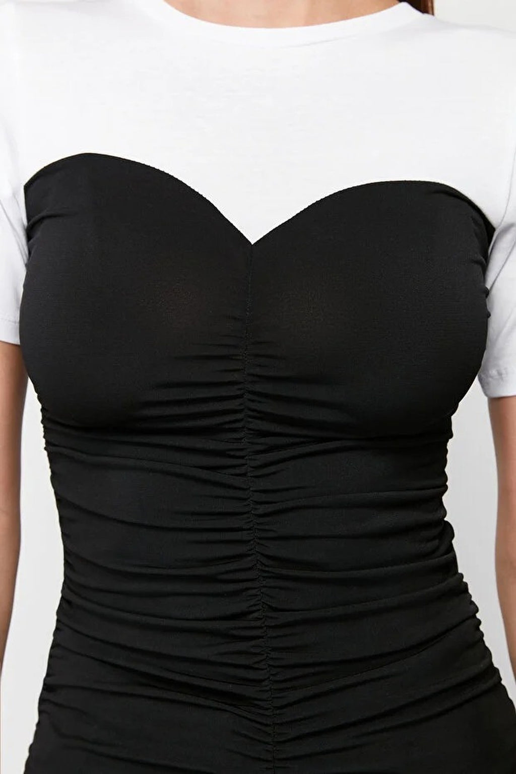 Fitted Gathered Detail Stretch Knit Blouse