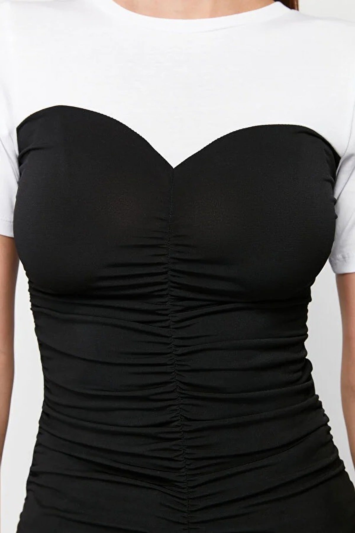 Fitted Gathered Detail Stretch Knit Blouse