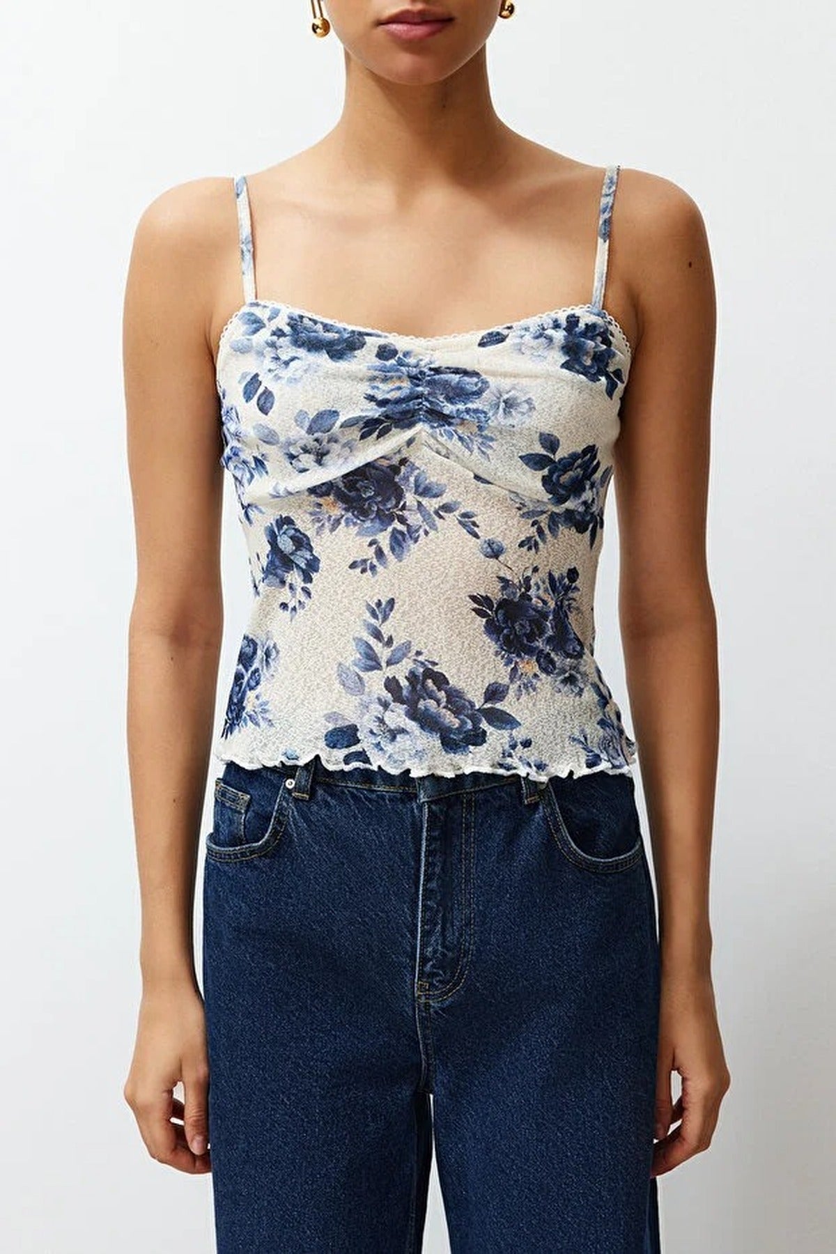 Floral Print Strappy Knitted Blouse