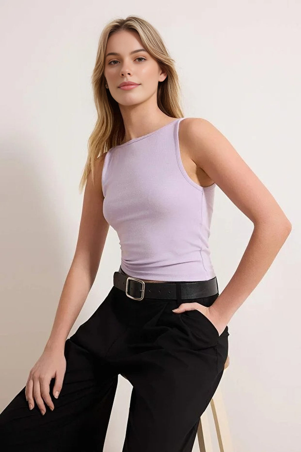 Strapped Fitted Stretch Knit Blouse