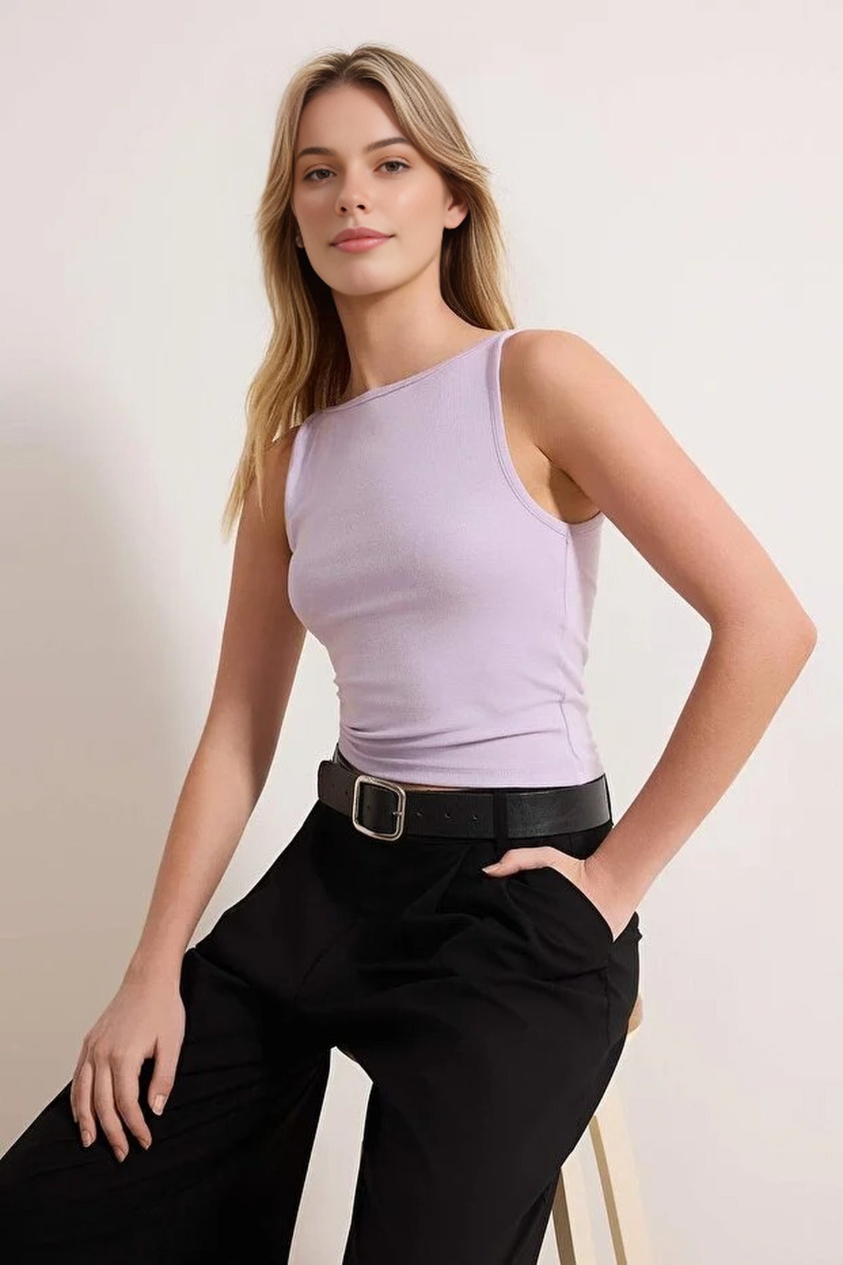Strapped Fitted Stretch Knit Blouse