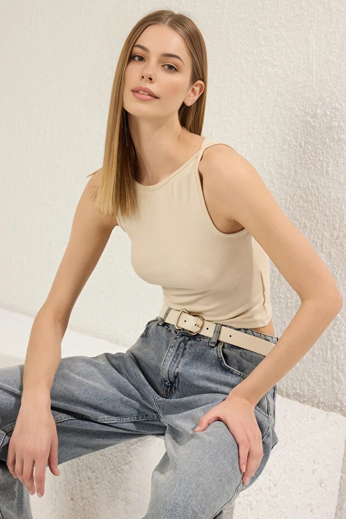 Strapped Fitted Stretch Knit Blouse
