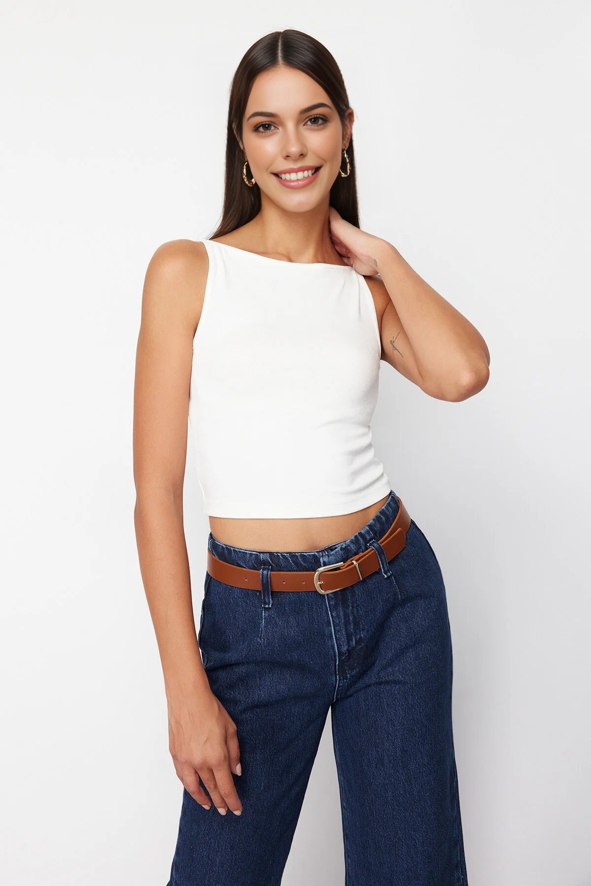 Strapped Fitted Stretch Knit Blouse