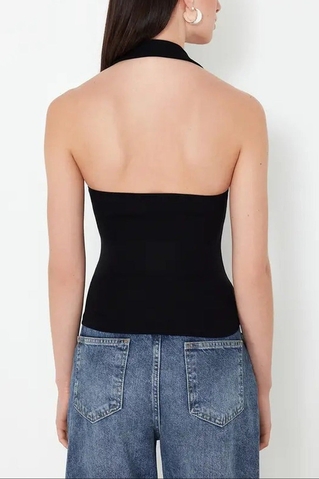 Halter Neck Belt Detail Fitted Knitted Blouse