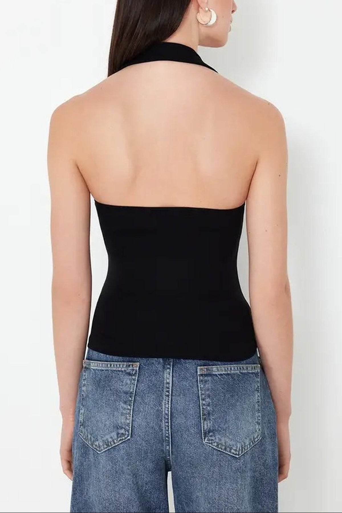 Halter Neck Belt Detail Fitted Knitted Blouse