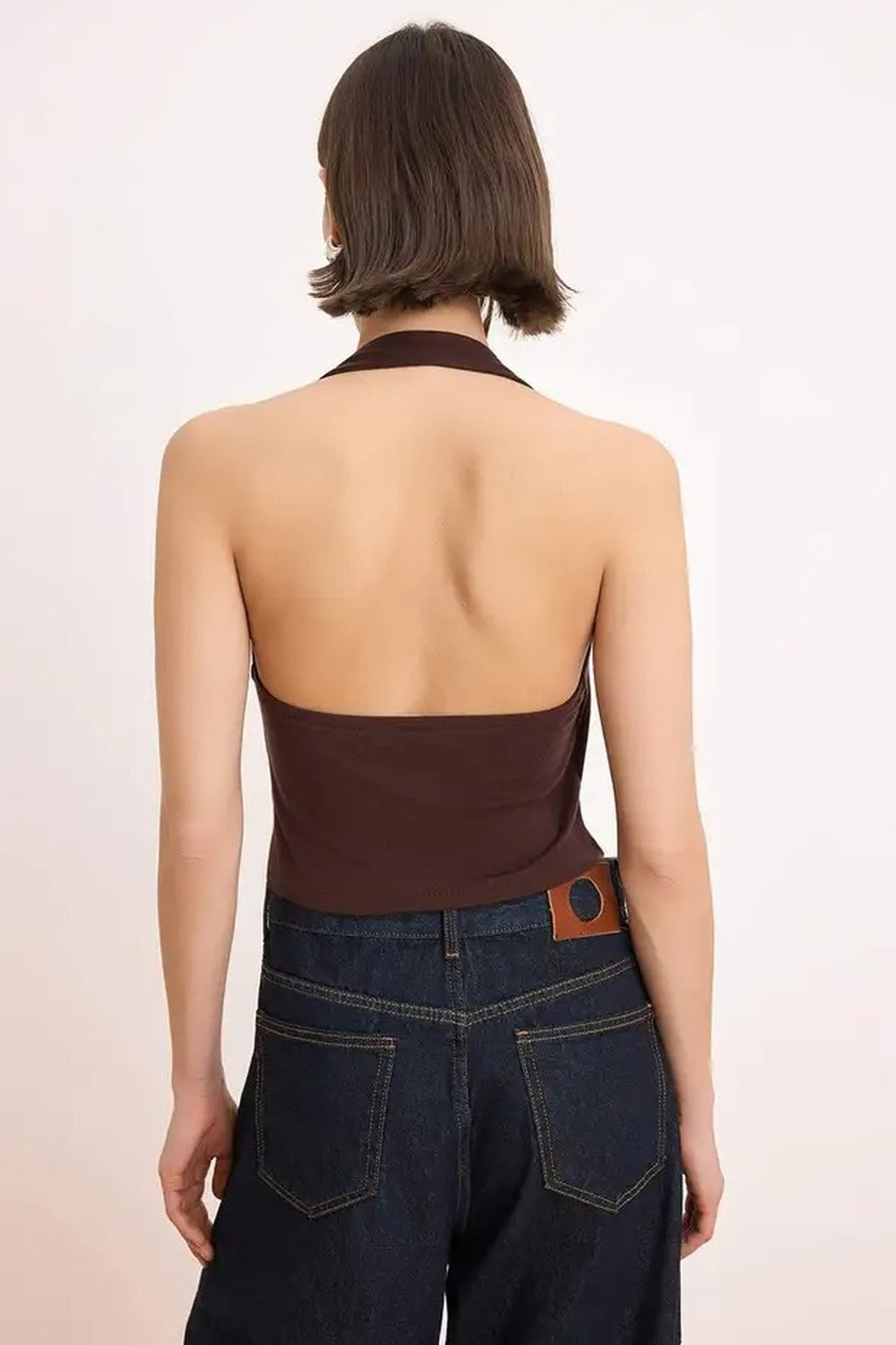 Halter Neck Belt Detail Fitted Knitted Blouse