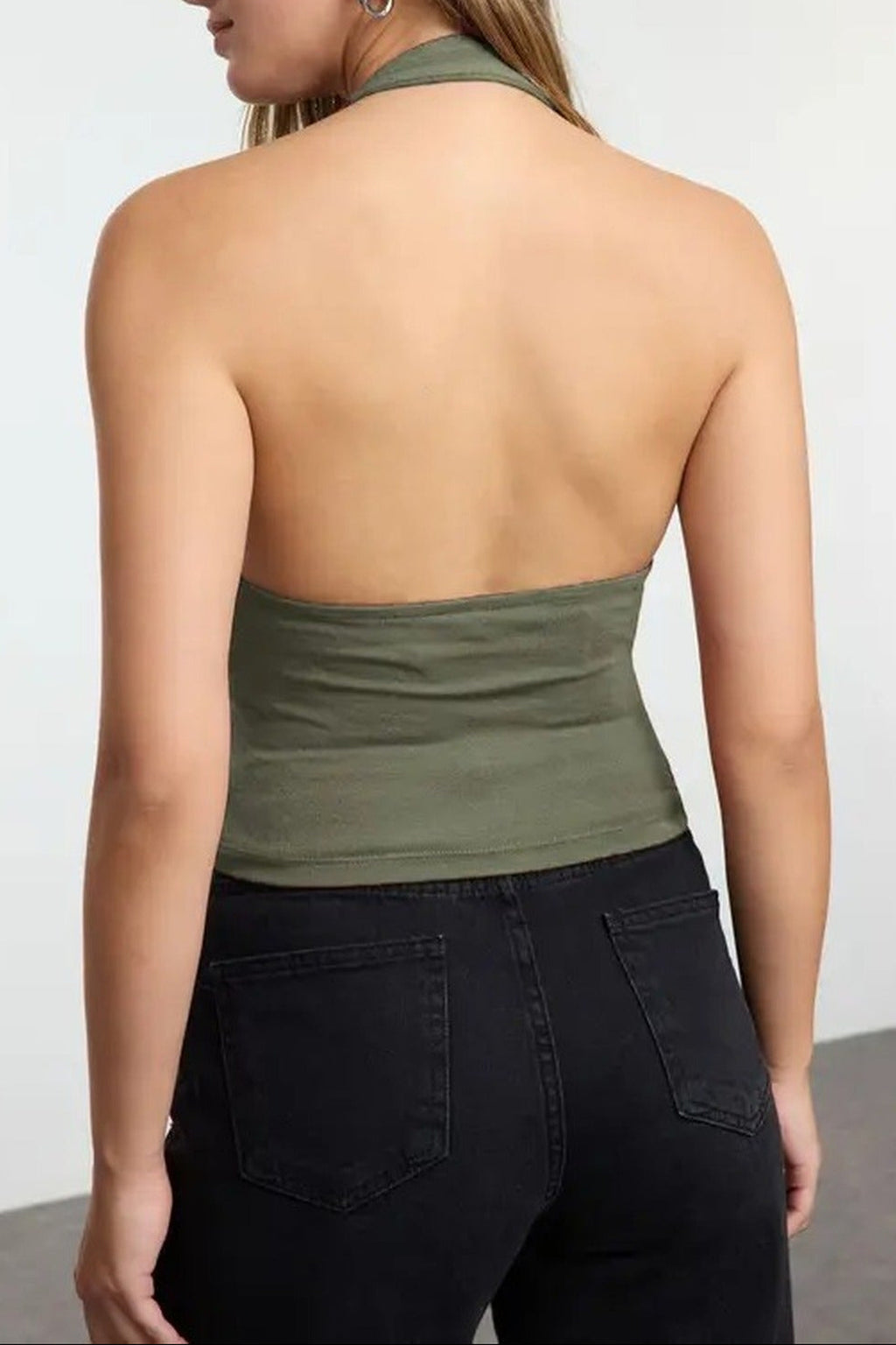 Halter Neck Belt Detail Fitted Knitted Blouse