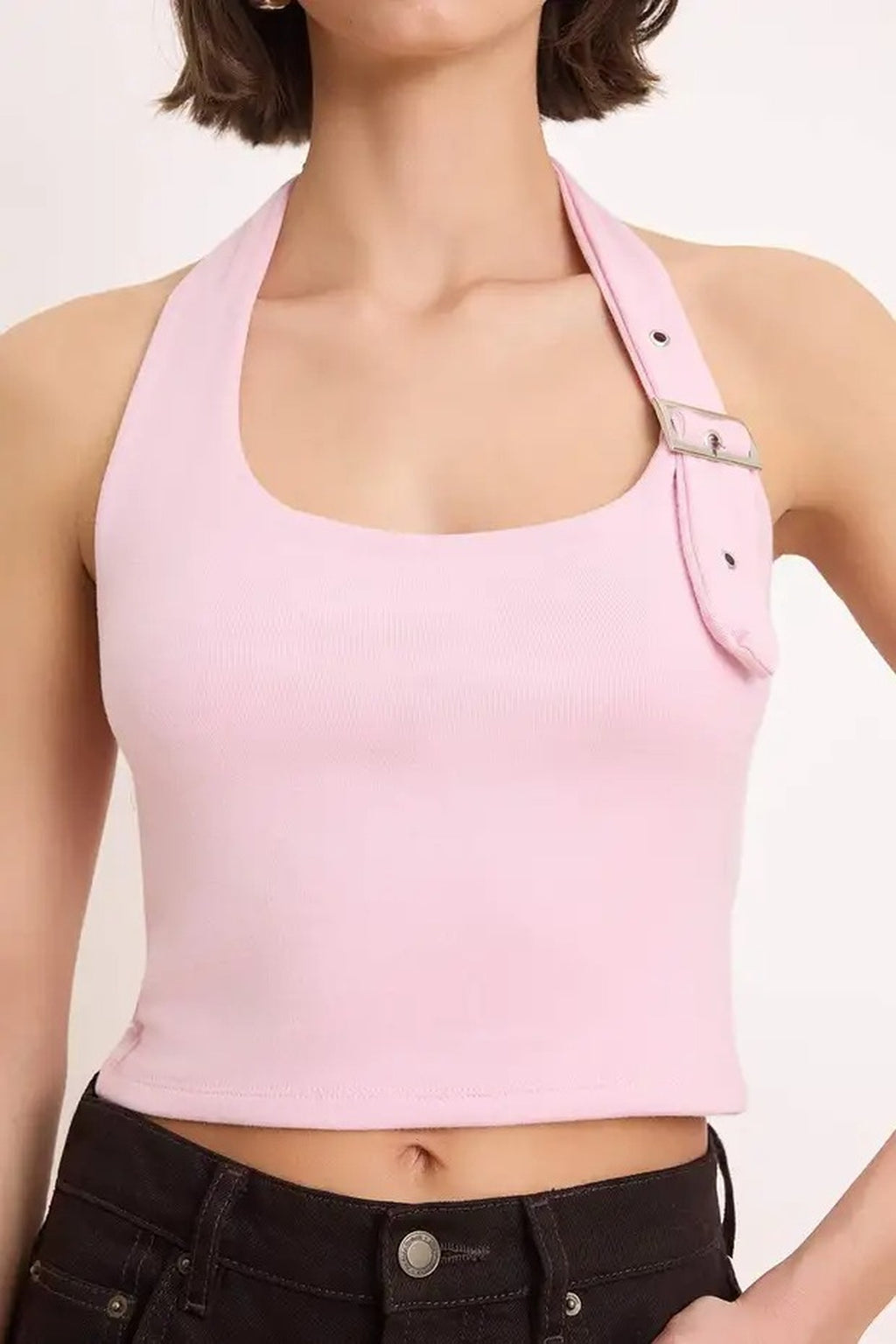 Halter Neck Belt Detail Fitted Knitted Blouse