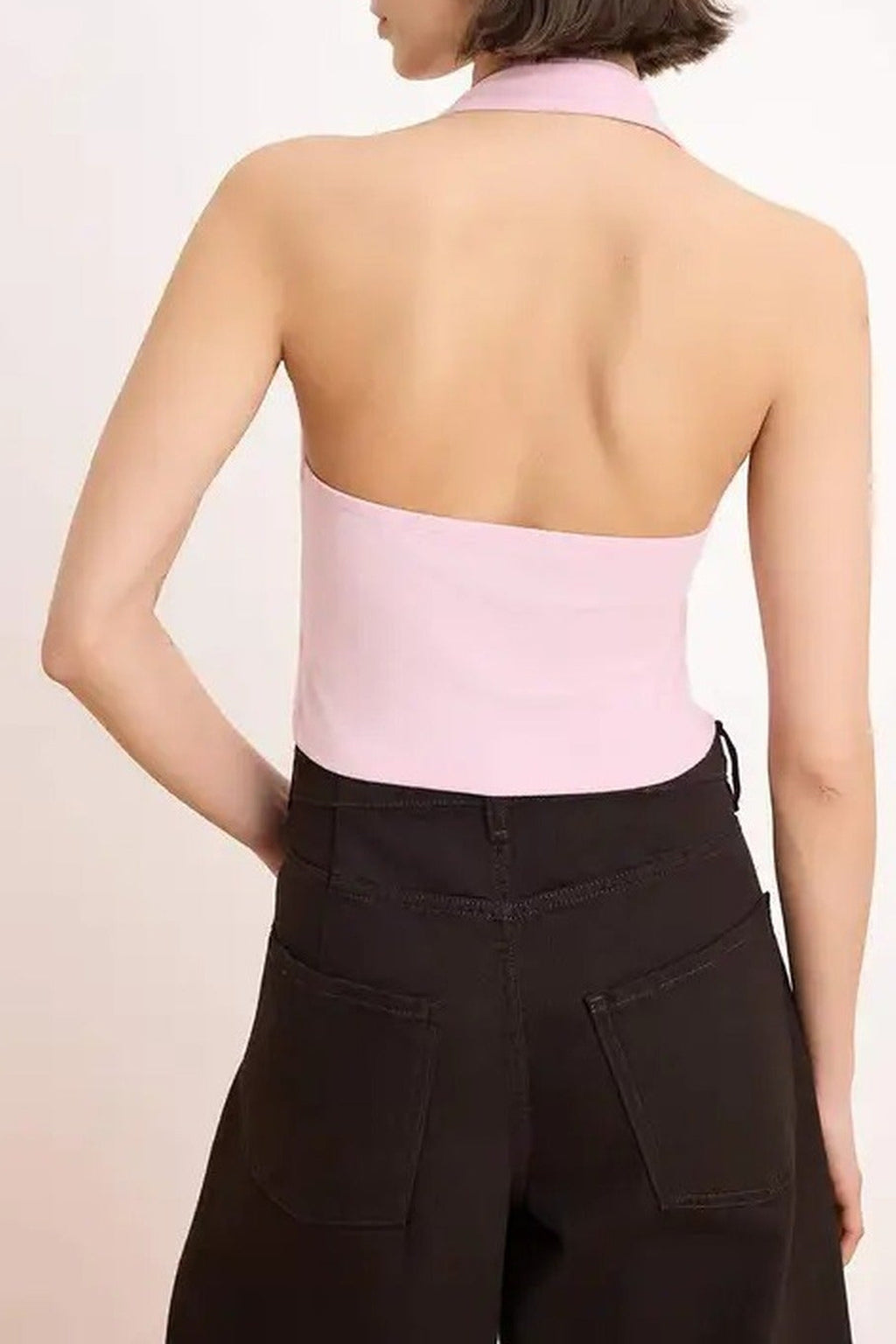 Halter Neck Belt Detail Fitted Knitted Blouse