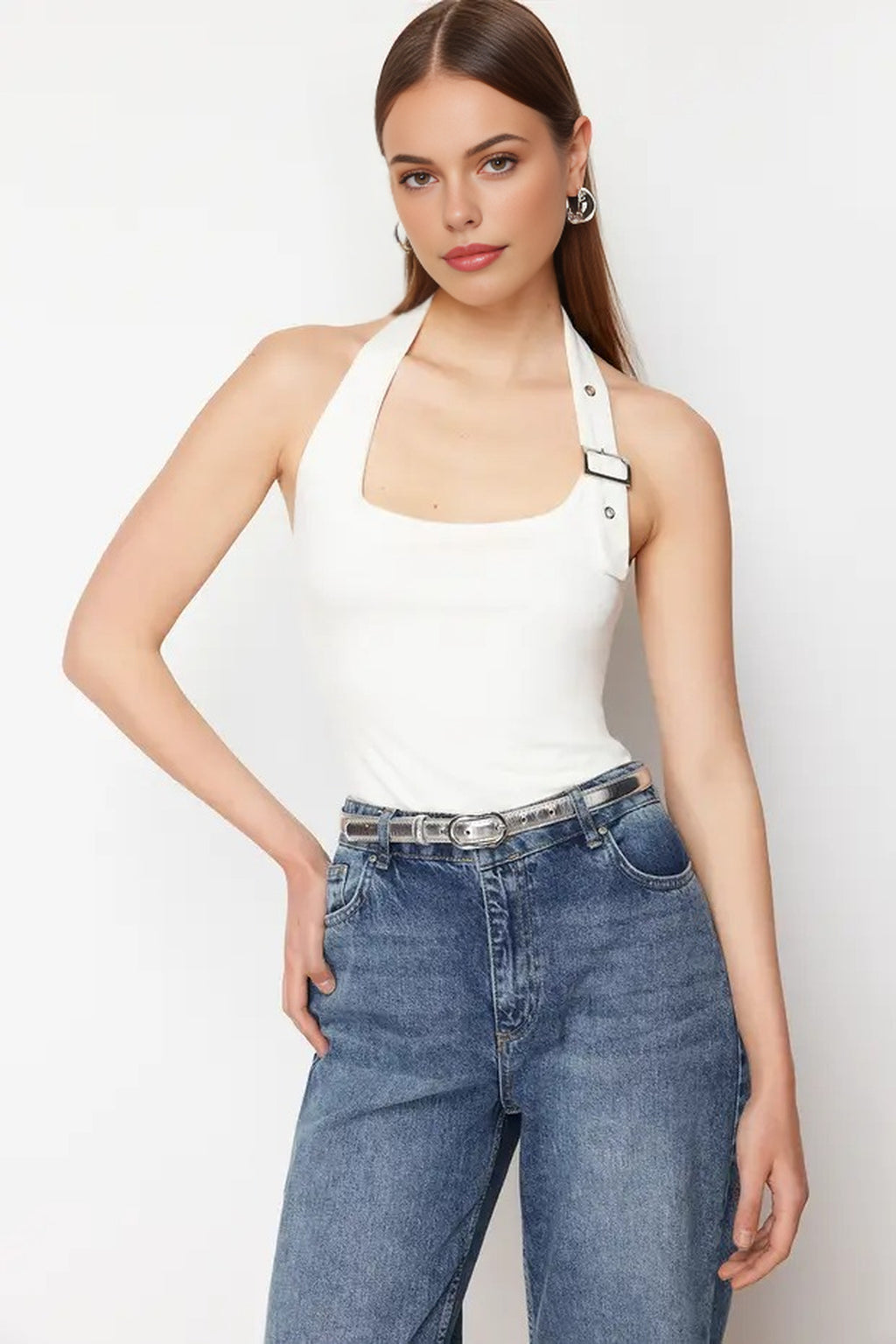 Halter Neck Belt Detail Fitted Knitted Blouse