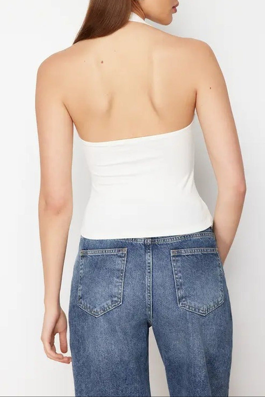 Halter Neck Belt Detail Fitted Knitted Blouse