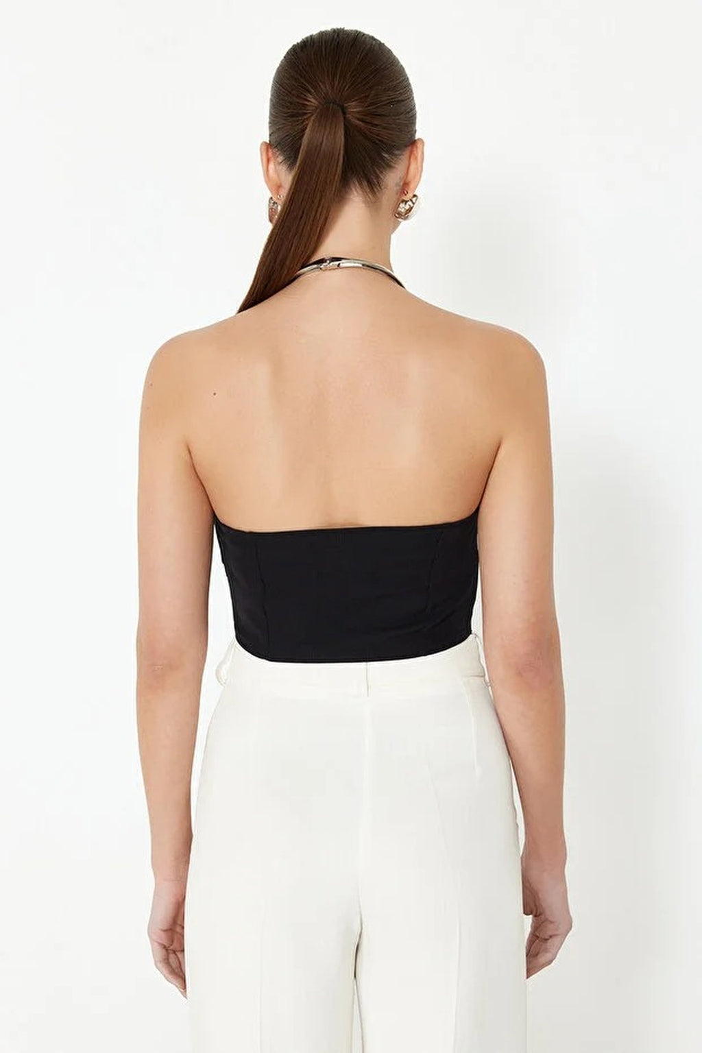 Straplez Tie Detail Crop Fitted Blouse