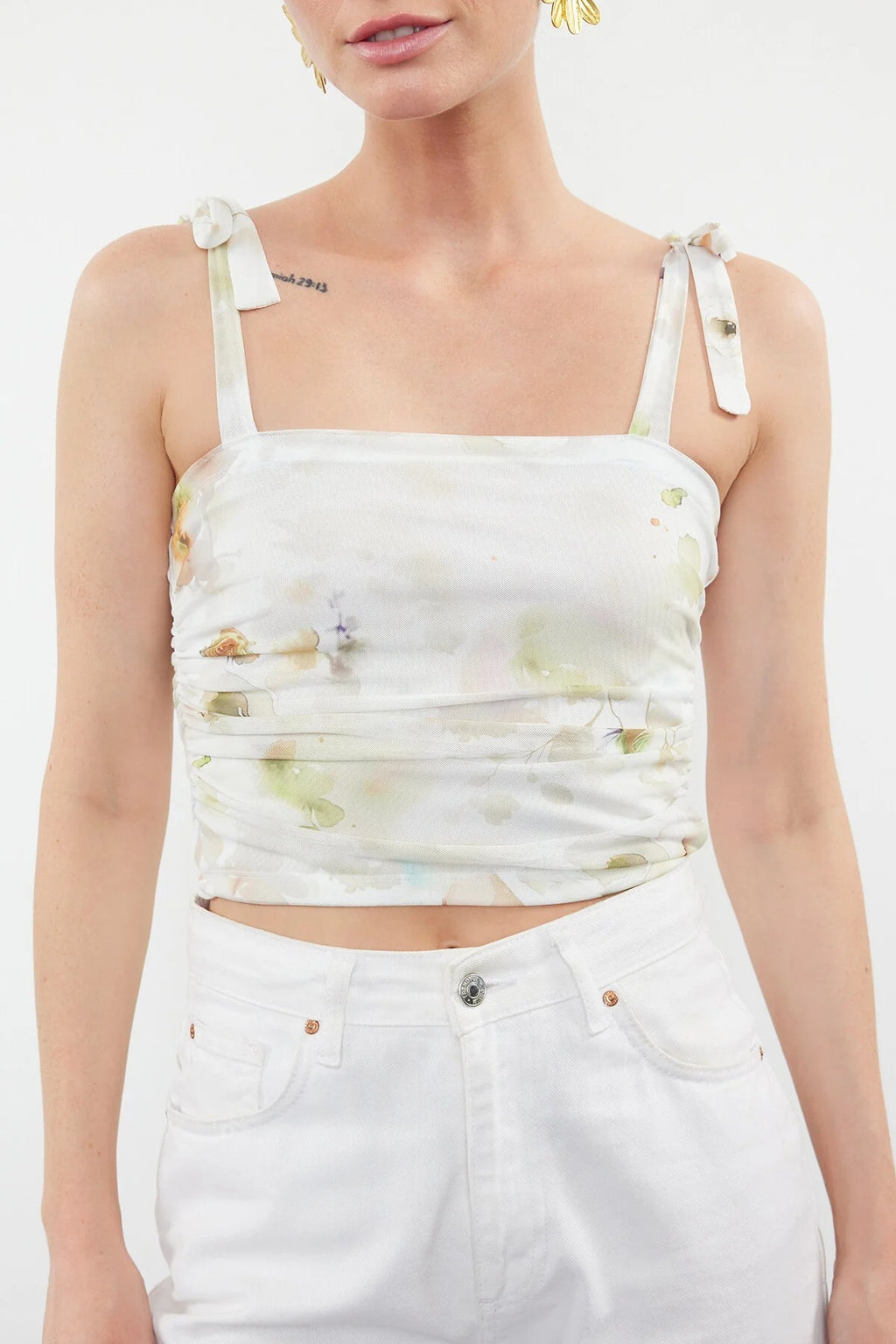 Abstract Print Tie Detail Square Neck Fitted Crop Knit Blouse
