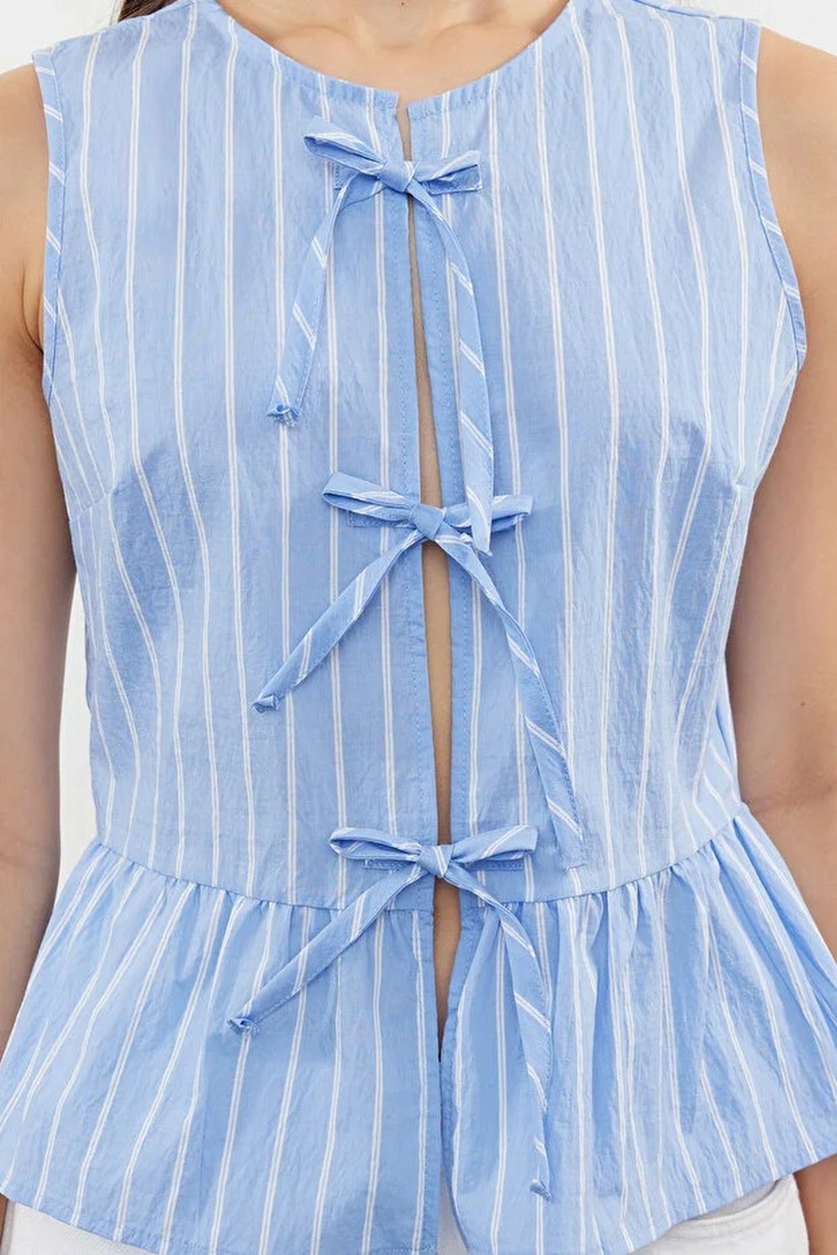 Striped Tie Front Sleeveless Woven Blouse
