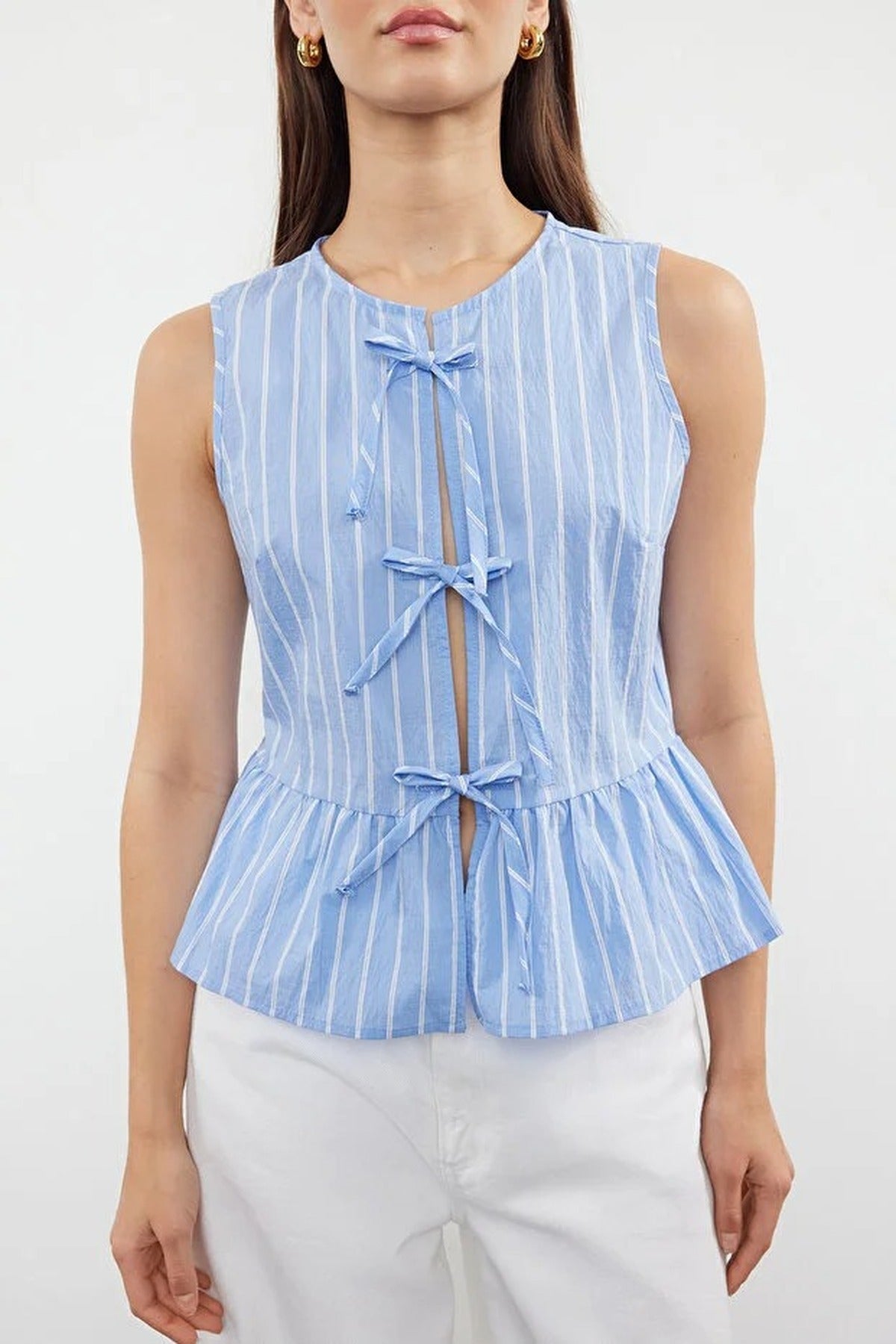 Striped Tie Front Sleeveless Woven Blouse