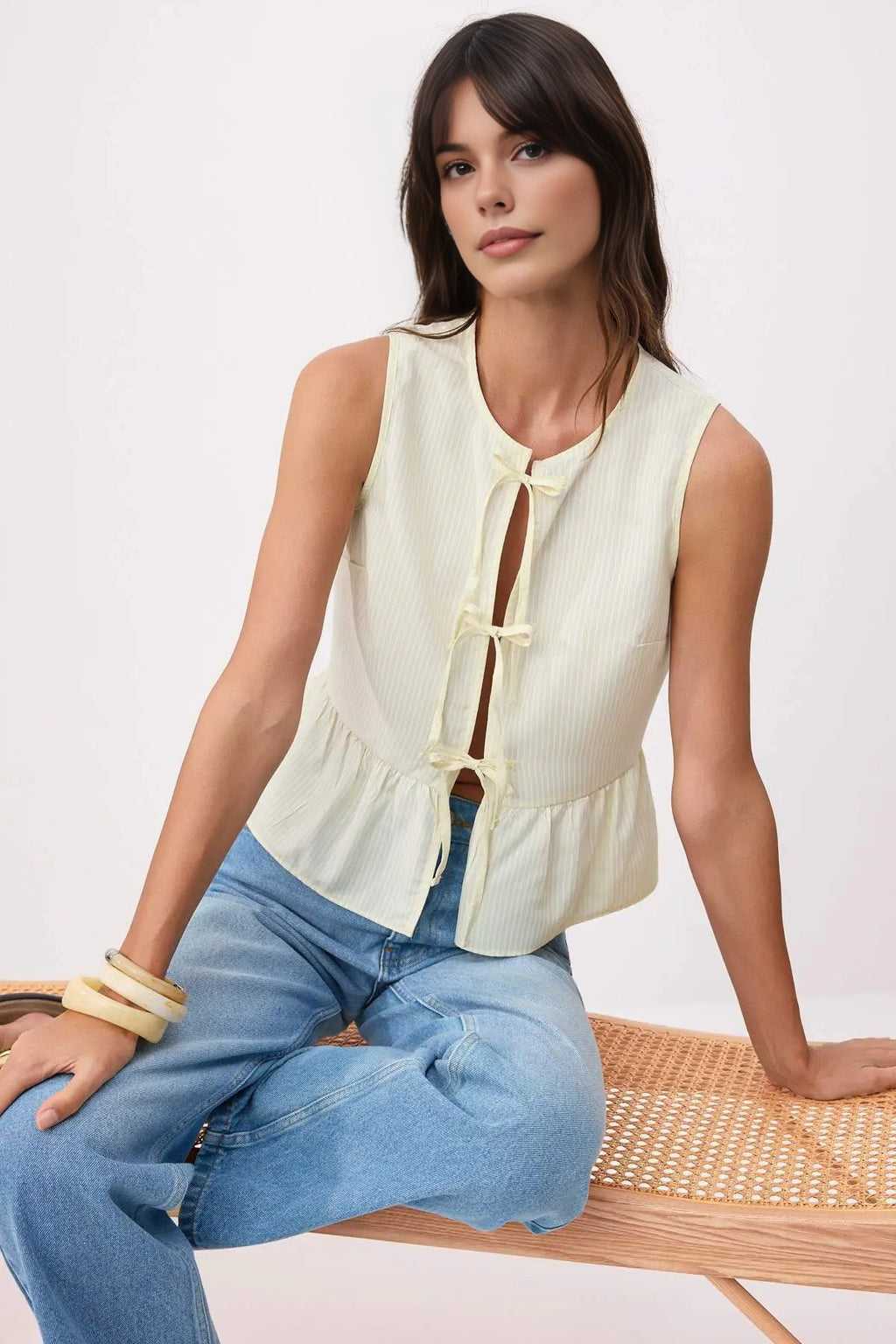 Striped Tie Front Sleeveless Woven Blouse