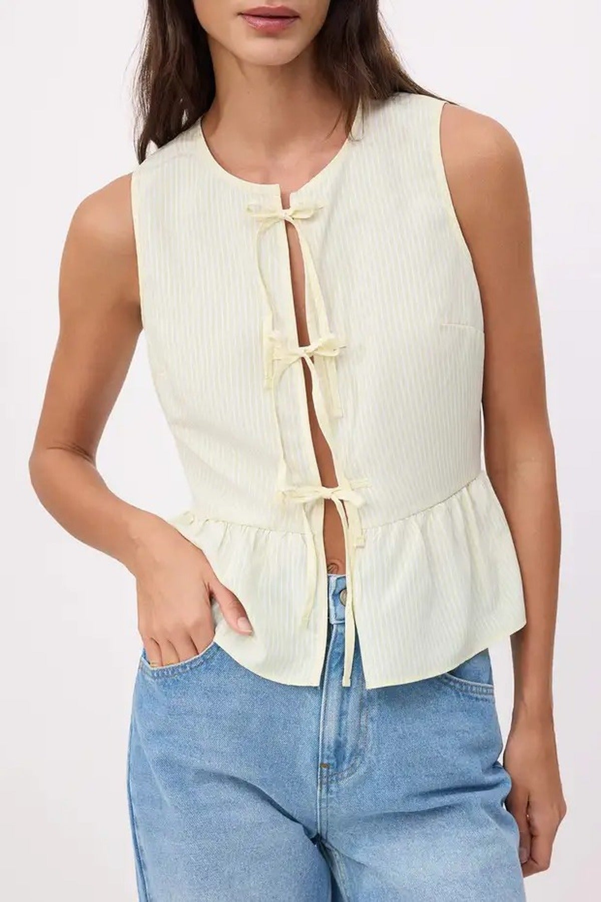 Striped Tie Front Sleeveless Woven Blouse