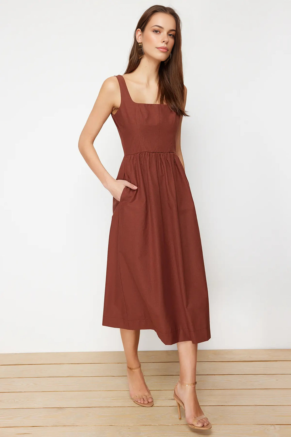 Square Neck Thick Strap Midi Dress with Corset Seam Detail