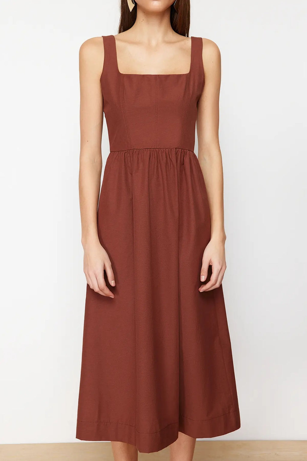 Square Neck Thick Strap Midi Dress with Corset Seam Detail