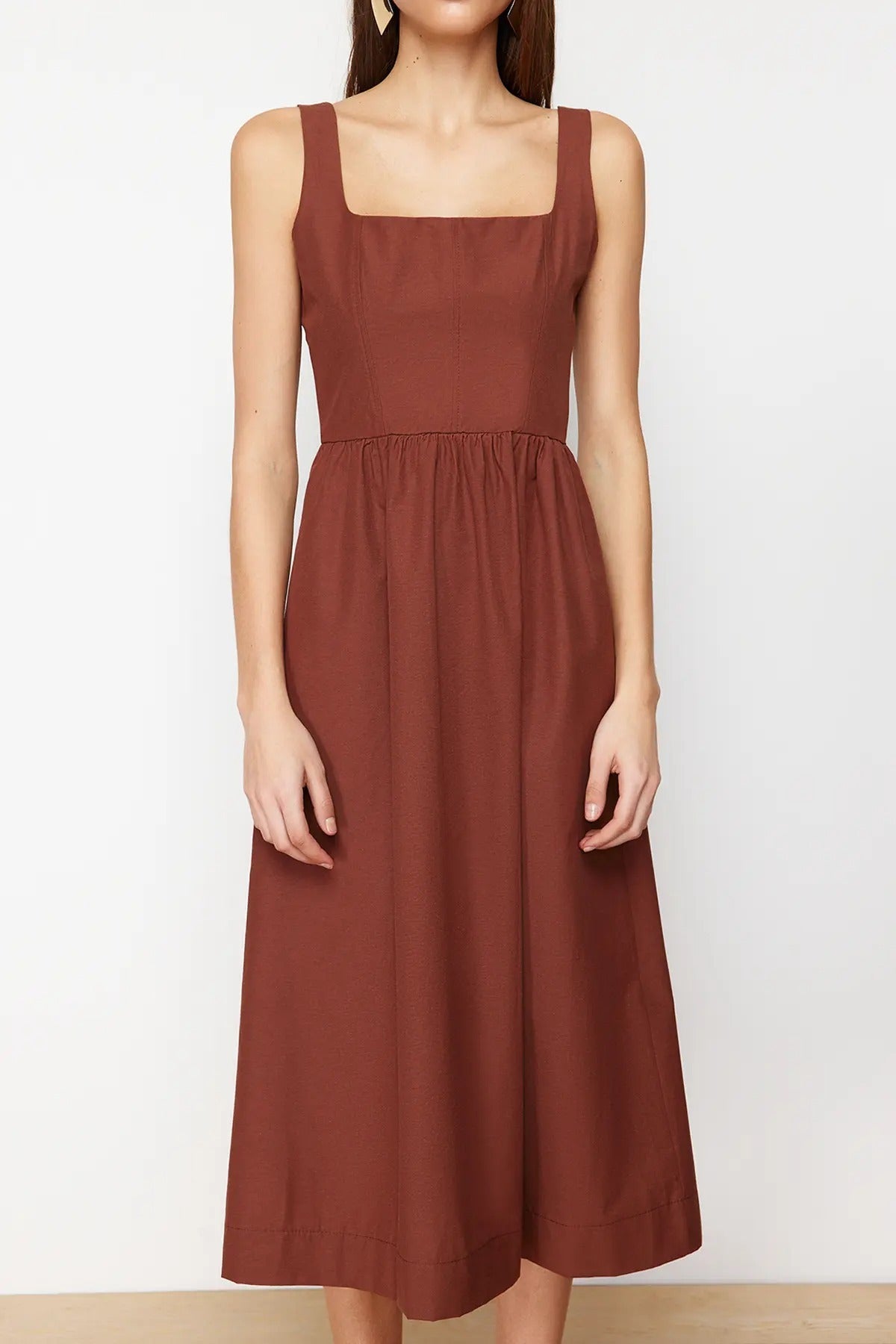 Square Neck Thick Strap Midi Dress with Corset Seam Detail