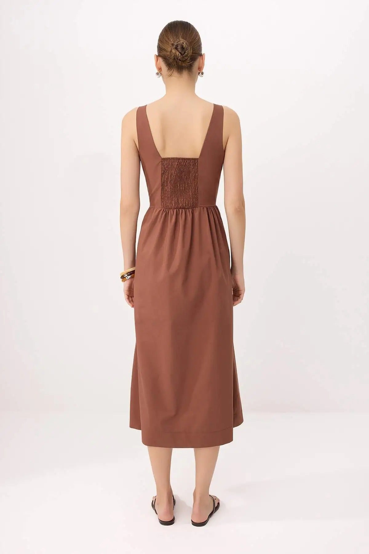 Square Neck Thick Strap Midi Dress with Corset Seam Detail