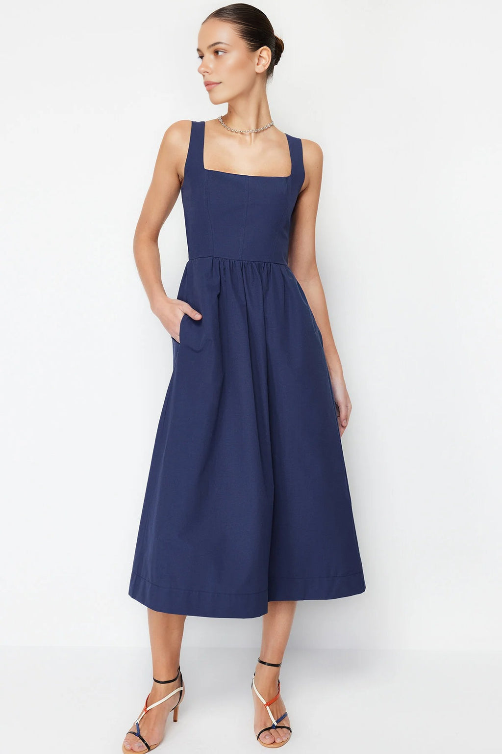 Square Neck Thick Strap Midi Dress with Corset Seam Detail