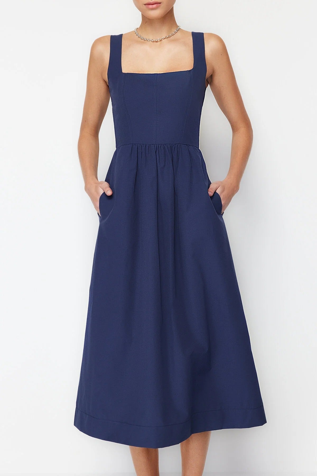 Square Neck Thick Strap Midi Dress with Corset Seam Detail