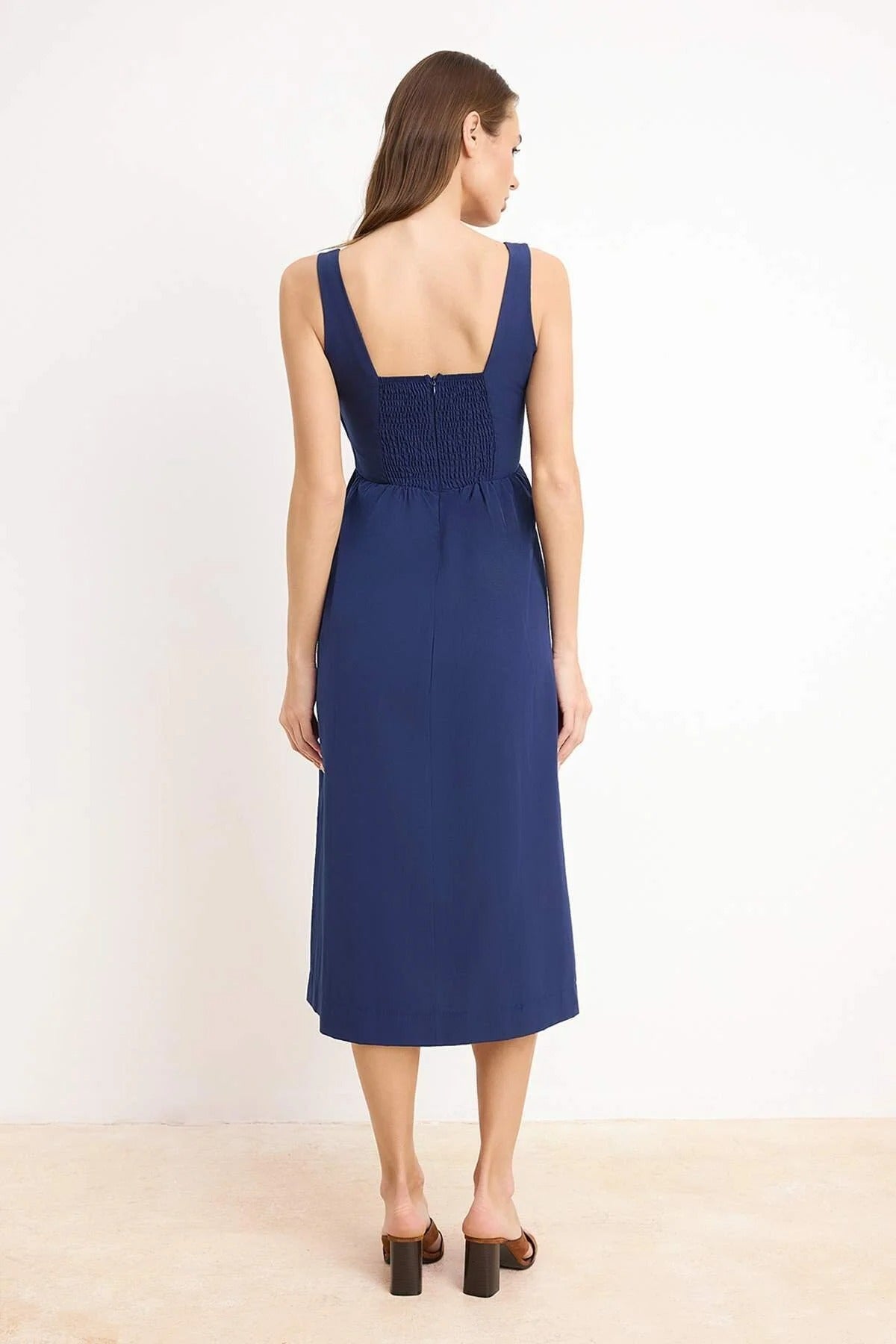 Square Neck Thick Strap Midi Dress with Corset Seam Detail
