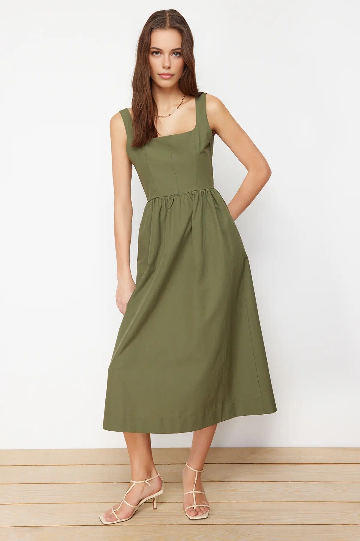 Square Neck Thick Strap Midi Dress with Corset Seam Detail