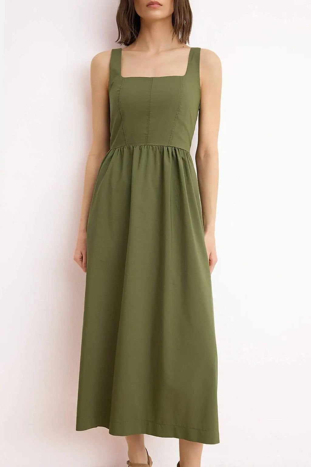 Square Neck Thick Strap Midi Dress with Corset Seam Detail