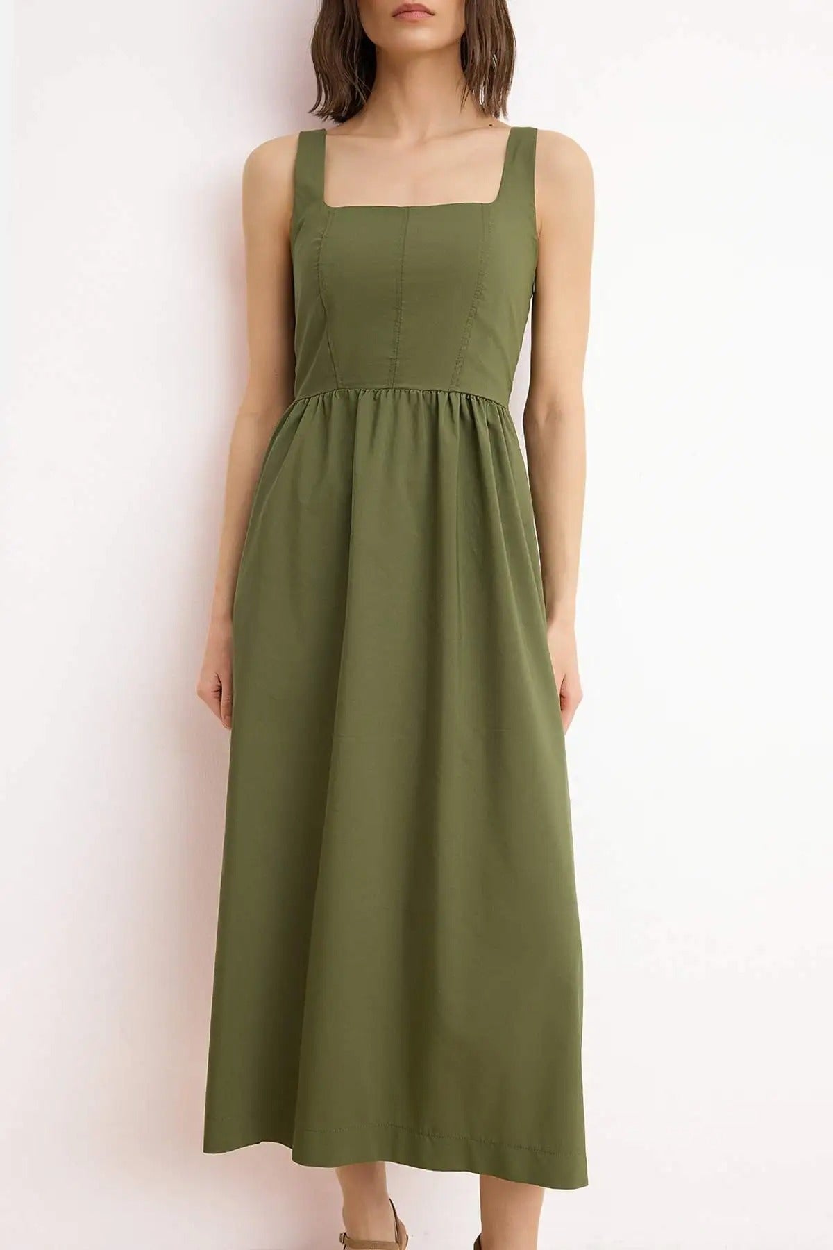Square Neck Thick Strap Midi Dress with Corset Seam Detail