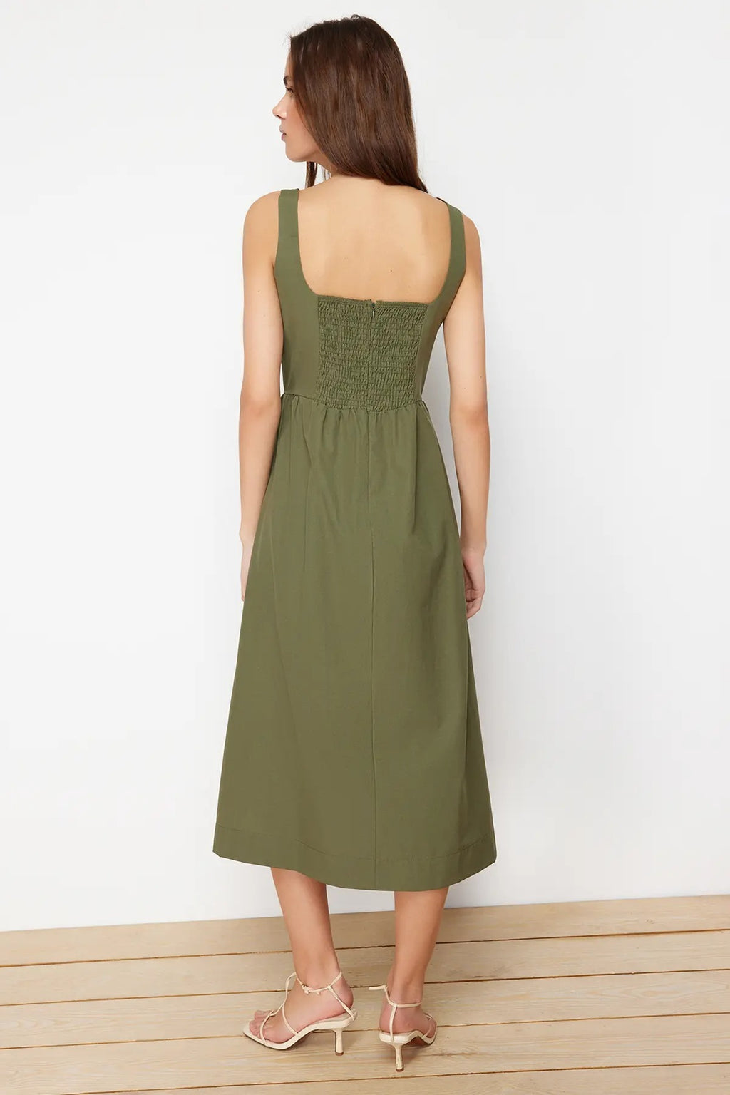 Square Neck Thick Strap Midi Dress with Corset Seam Detail