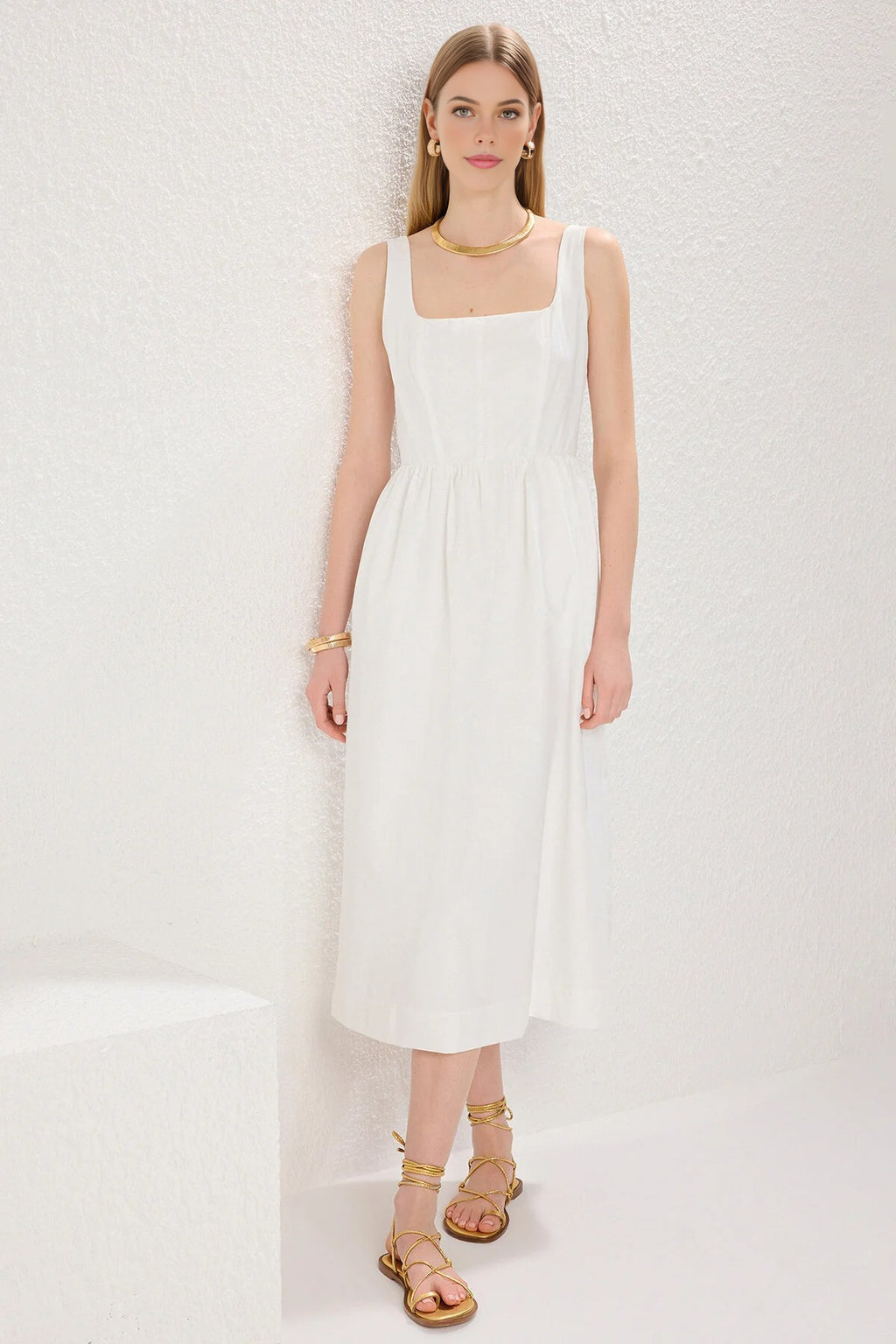 Square Neck Thick Strap Midi Dress with Corset Seam Detail