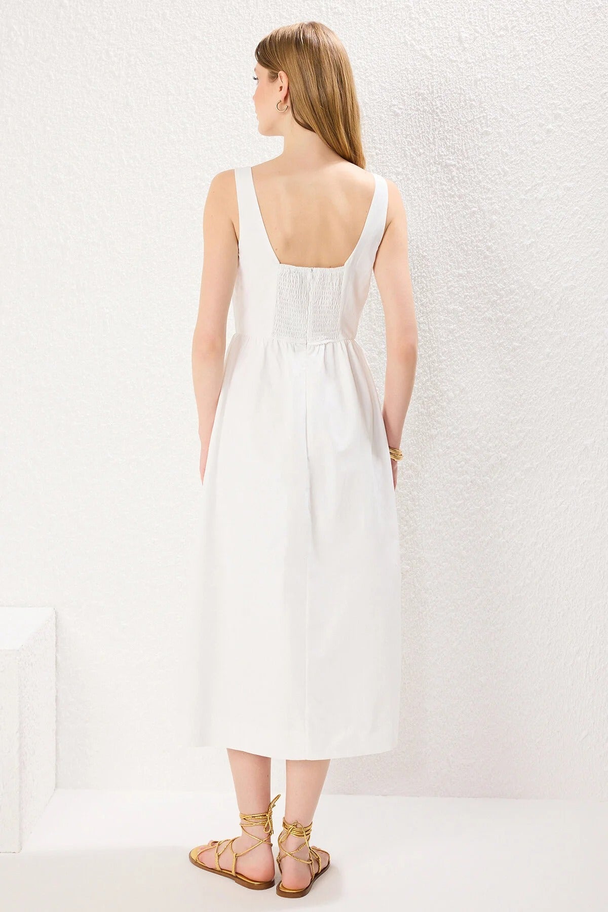 Square Neck Thick Strap Midi Dress with Corset Seam Detail