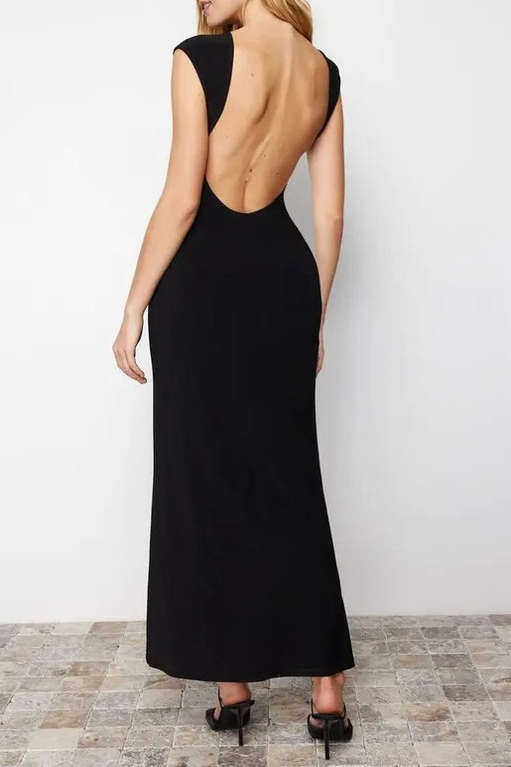 Backless Fitted Maxi Stretch Knit Pencil Dress