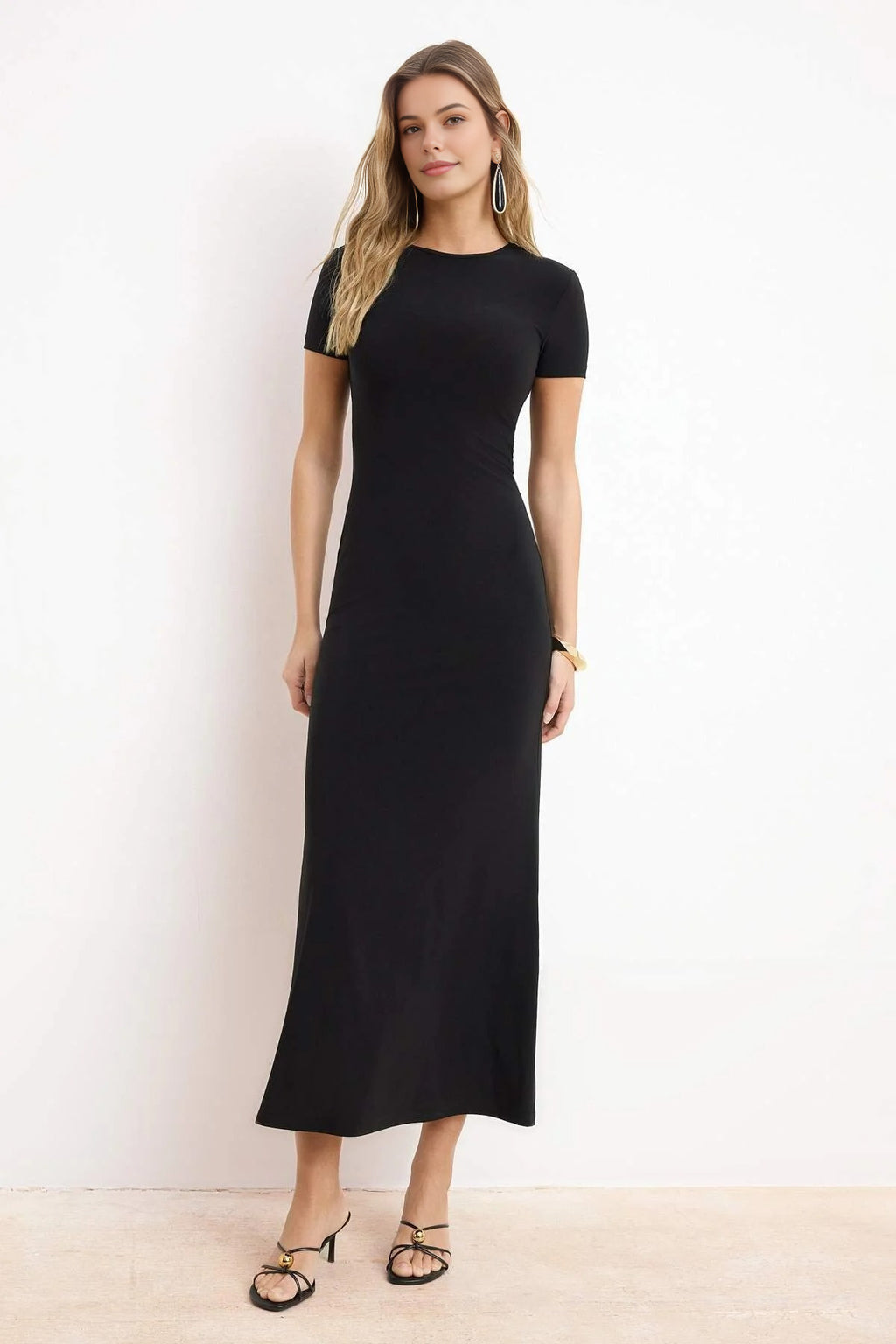 Fitted Crew Neck Stretch Knit Maxi Pencil Dress