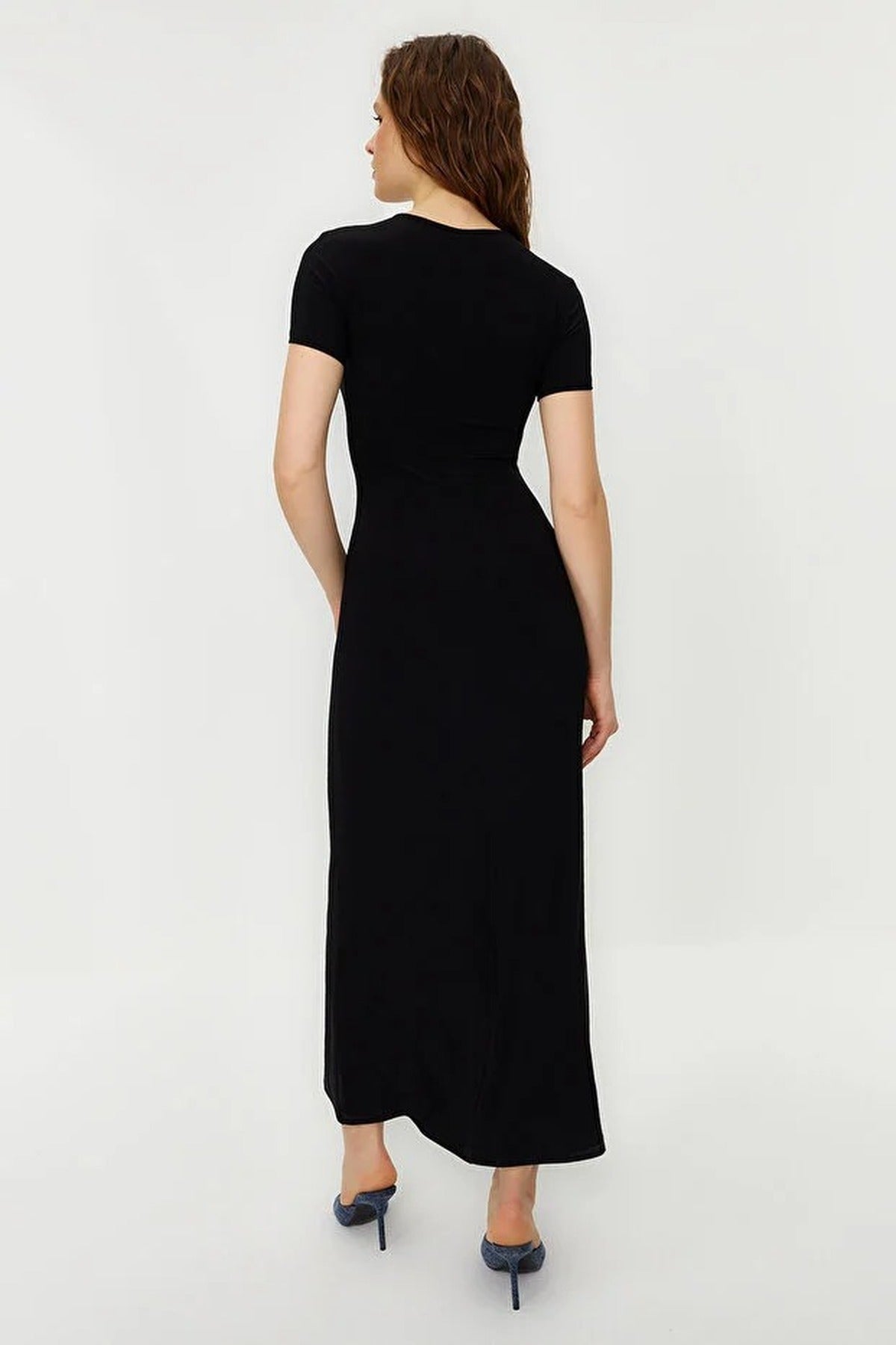 Fitted Crew Neck Stretch Knit Maxi Pencil Dress